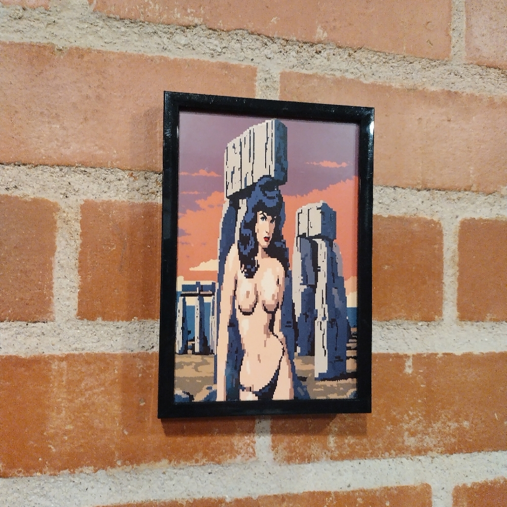 8 Bit Nude Bettie Page Rockabilly Pinup Stonehenge Framed Mini Art Print lo-fi